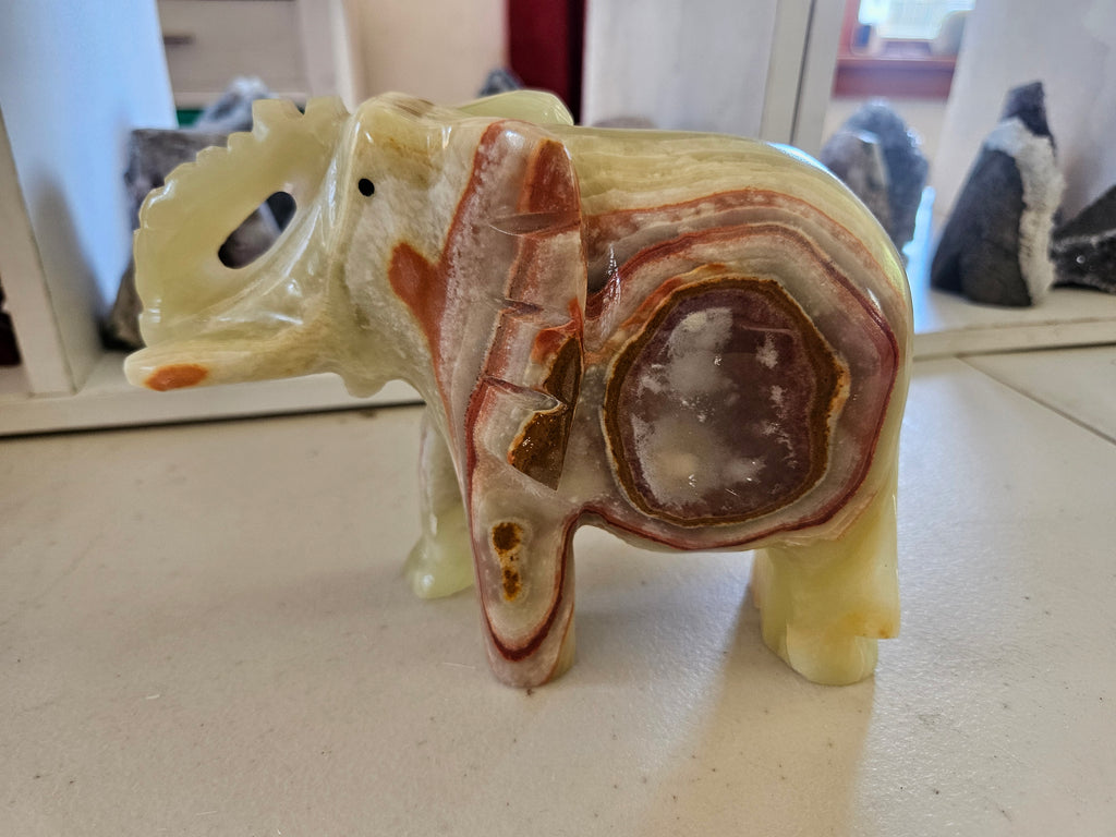 Large Banded Green Calcite Carved Elephant