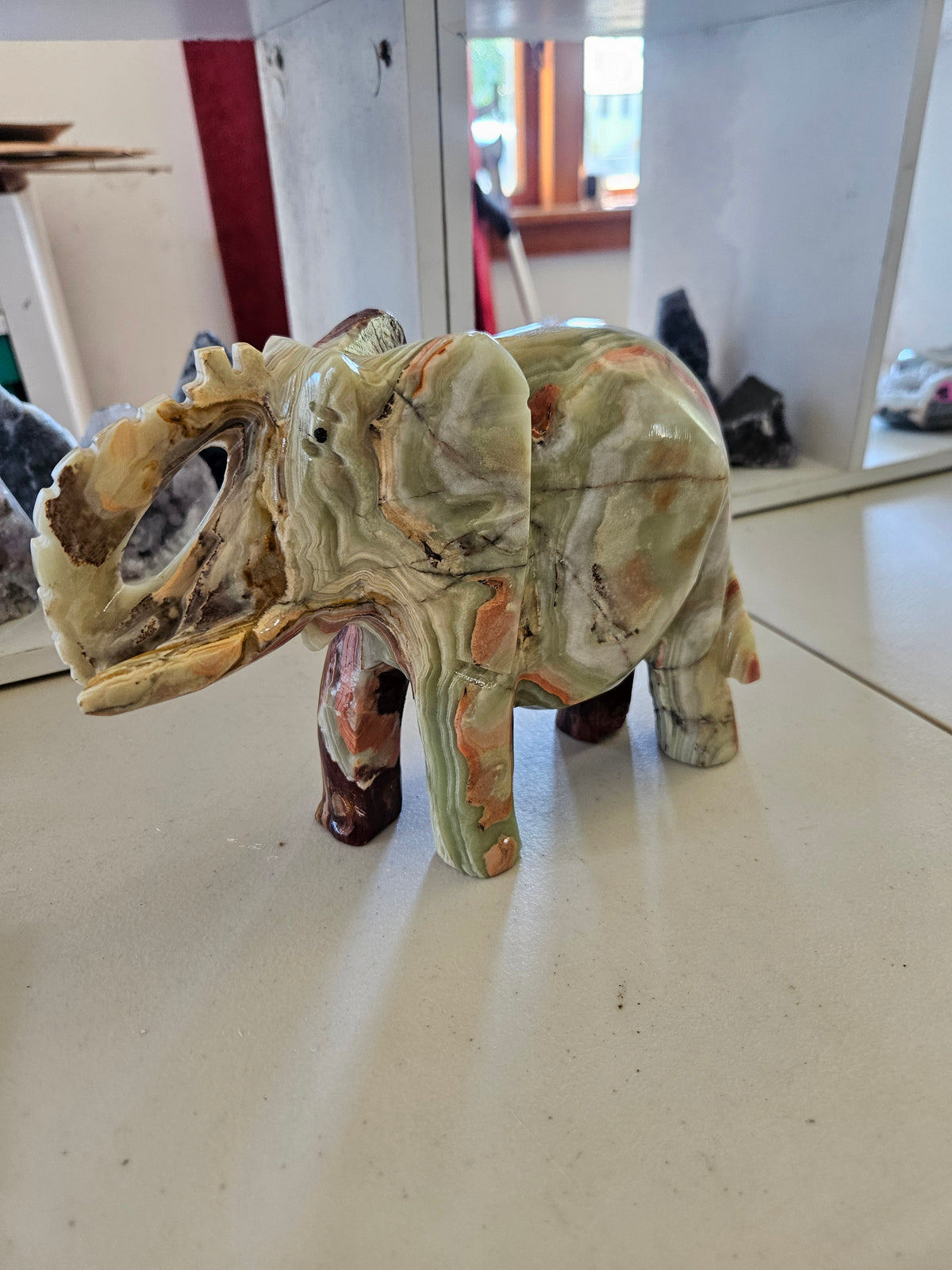 Large Banded Green Calcite Carved Elephant