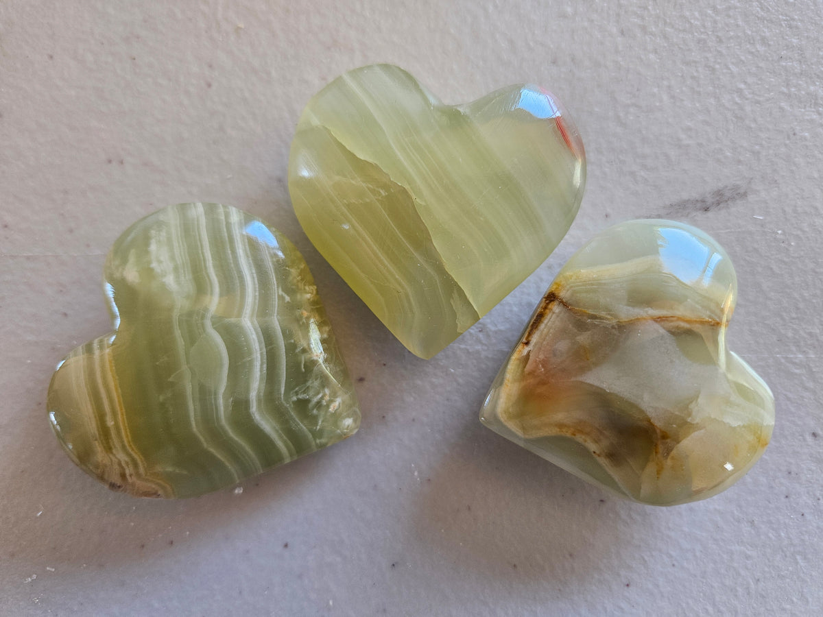 Small Banded Green Calcite Carved Hearts